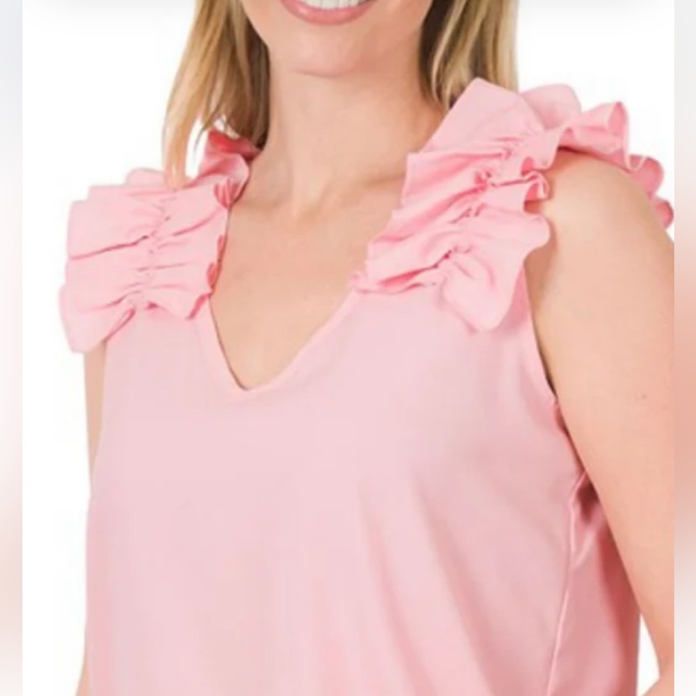 Sz S Zanana sleeveless ruffled V neck Mauve in color. Pretty for Easter. NWOT🐸